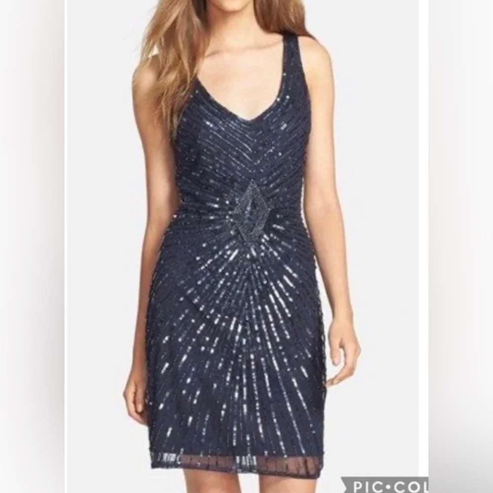 Aidan Mattox blue sequined mini dress.